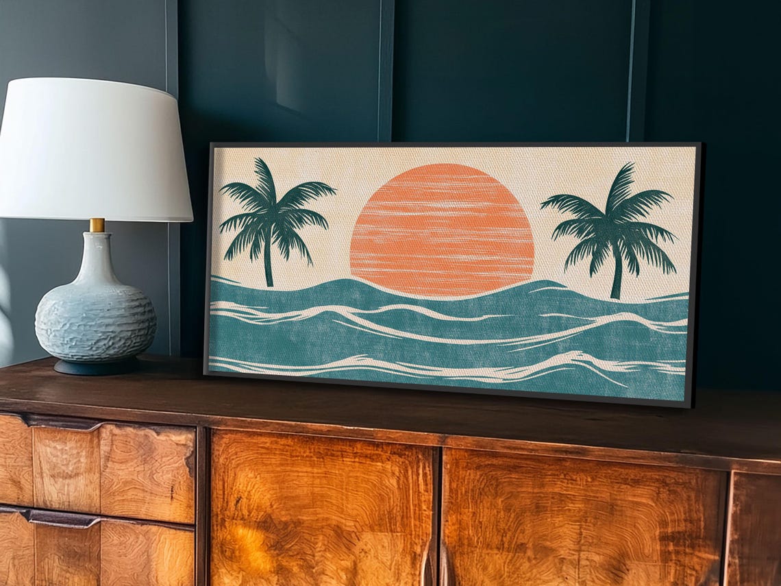 Japanese Wood Block Print Style Sunset And Palm Trees Framed Print Boho Style Minimalist Home Decor - Image 4