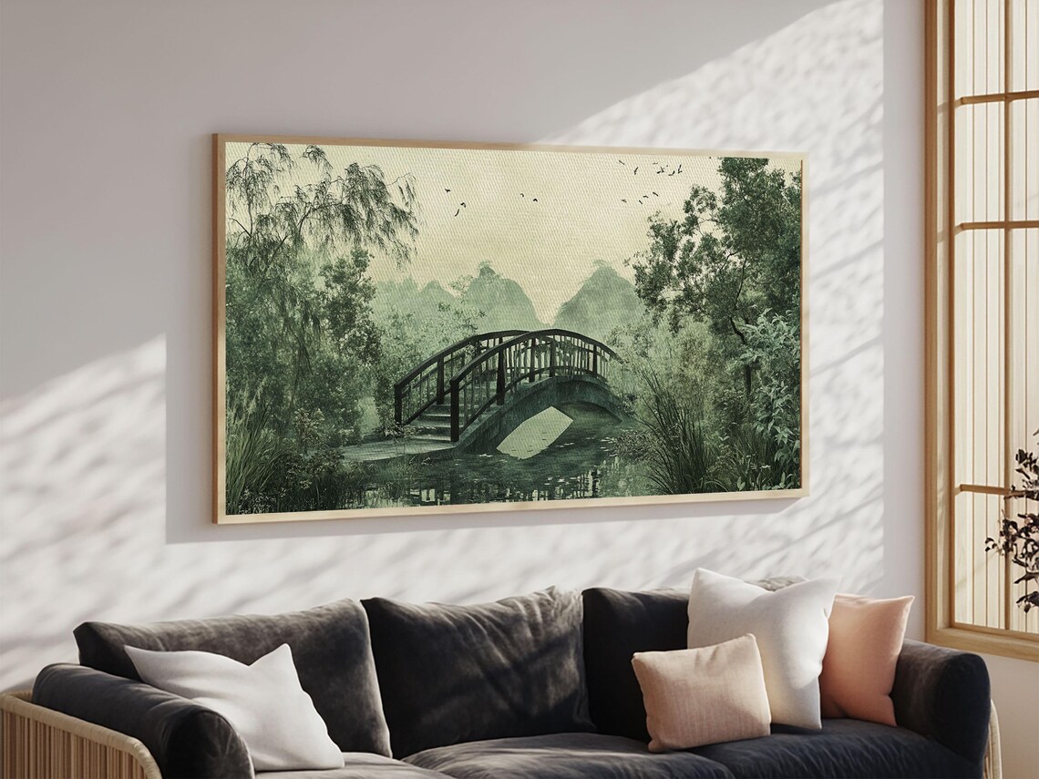 Misty Arched Bridge Japanese Garden Zen Chinoiserie Art Poster - Image 3