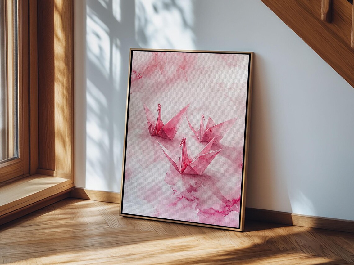Pink Origami Cranes Watercolor Japanese Paper Birds Minimalist Poster - Image 4