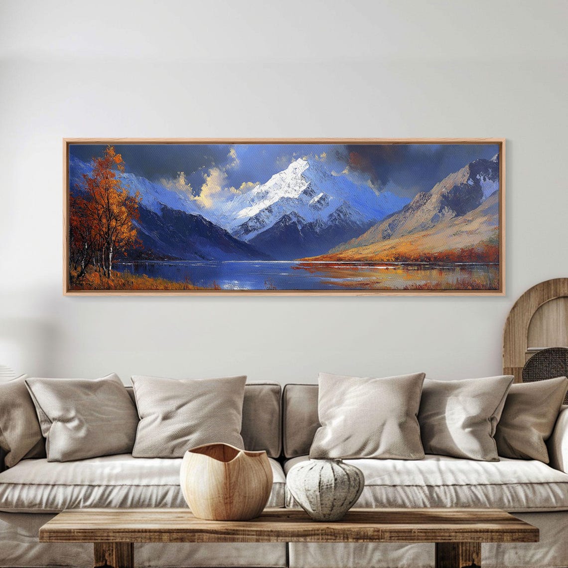 Snow Capped Mountain Lake Autumn Birch Golden Hour Landscape Poster - Image 3