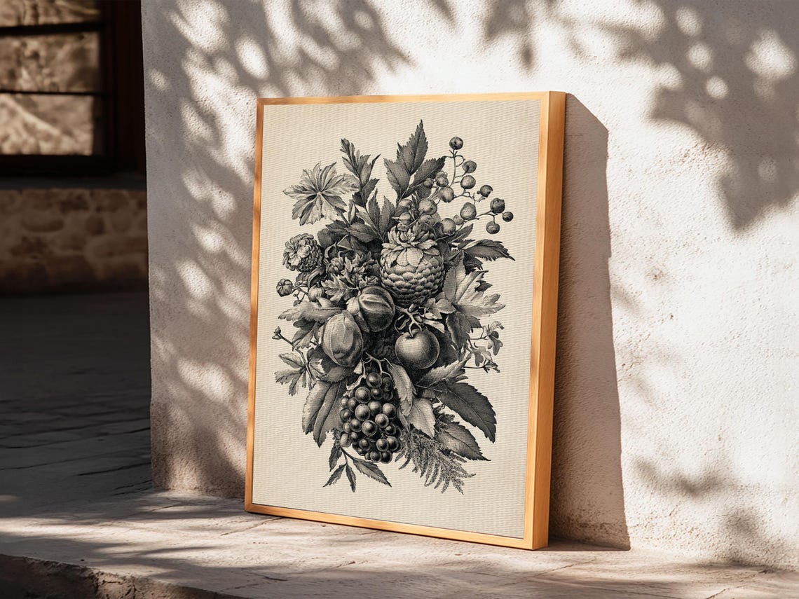 Vintage Fruit and Foliage Bouquet Black Botanical Engraving Art Print