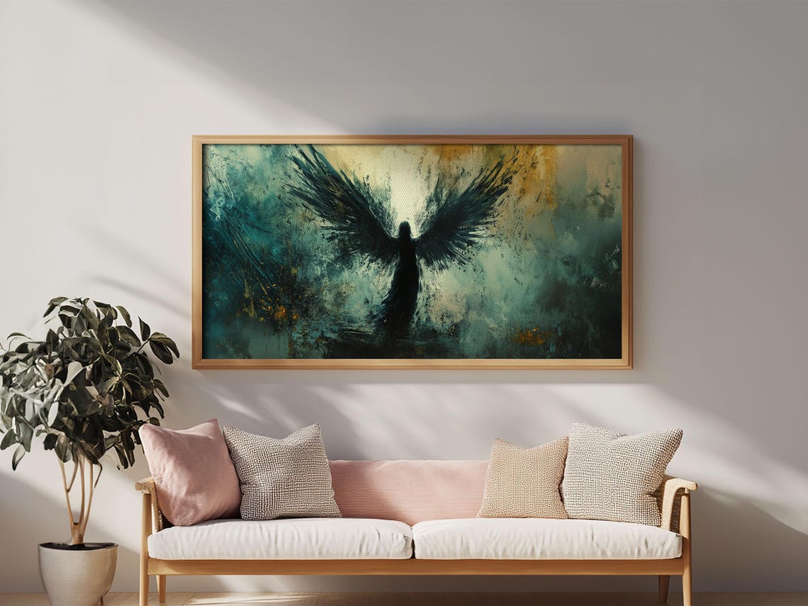 Black Angel Silhouette Spread Wings Teal Gold Abstract Dark Poster - Image 5