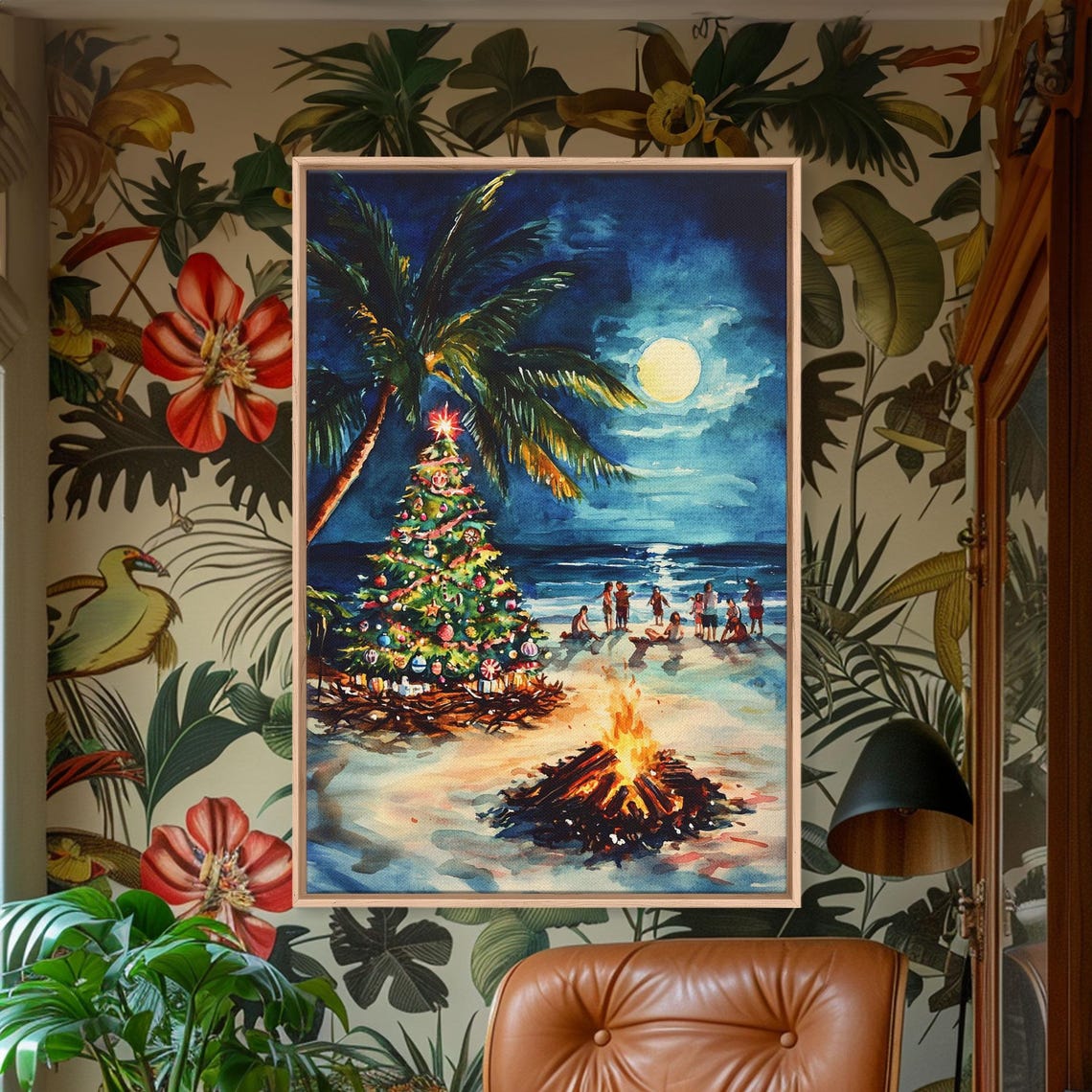 Tropical Beach Christmas Tree Bonfire At Night Ocean Waves Poster - Image 3