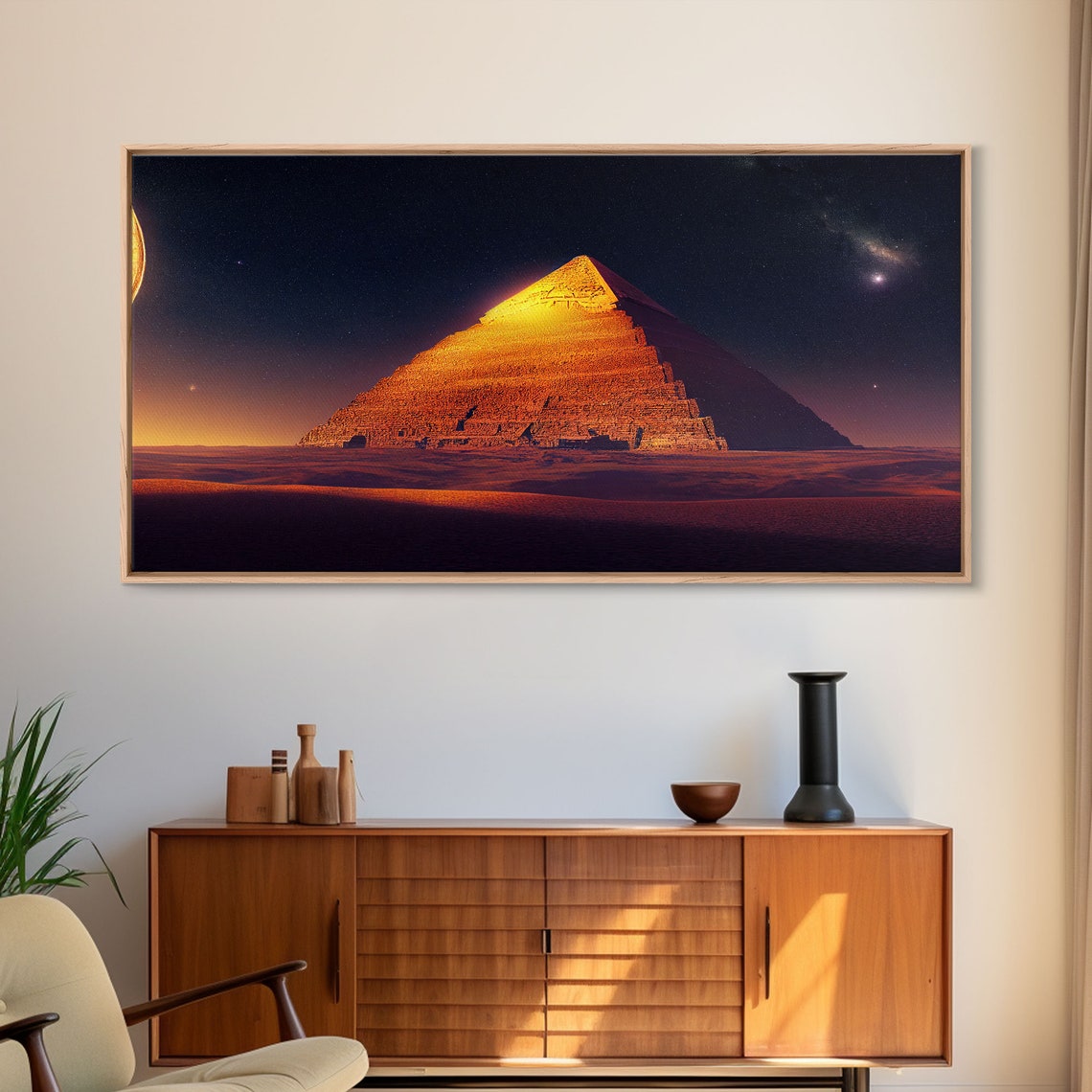 Golden Pyramid Under Starry Night Sky With Crescent Moon Egypt Print