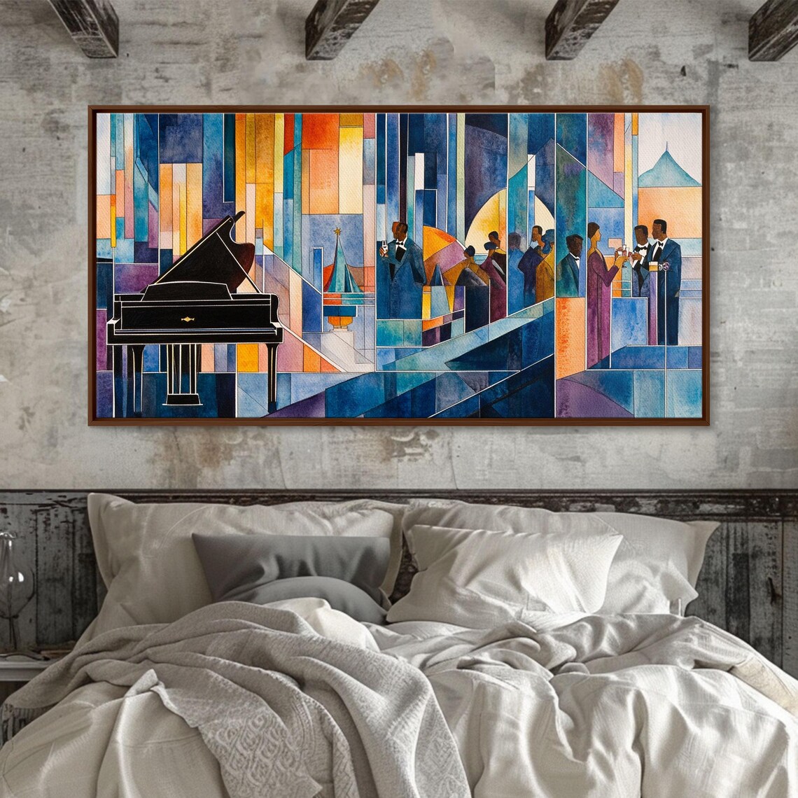 Abstract Jazz Club Grand Piano Stained Glass Style Colorful Music Party Art Poster