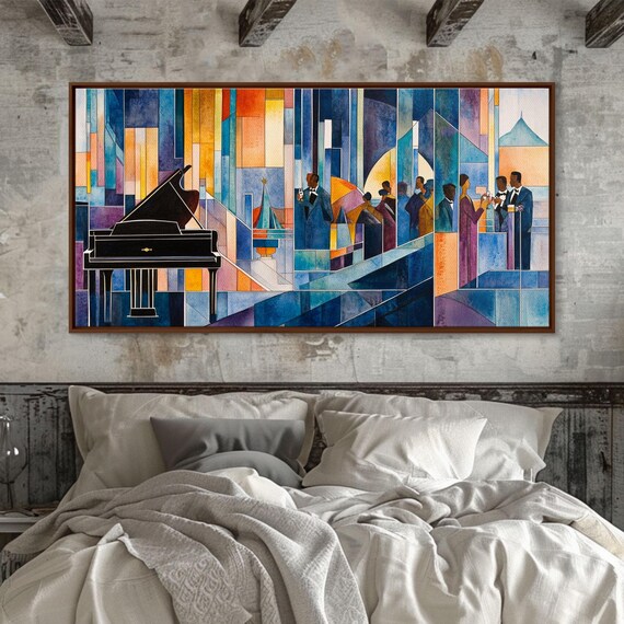 Abstract Jazz Club Grand Piano Stained Glass Style Colorful Music Party Art Poster