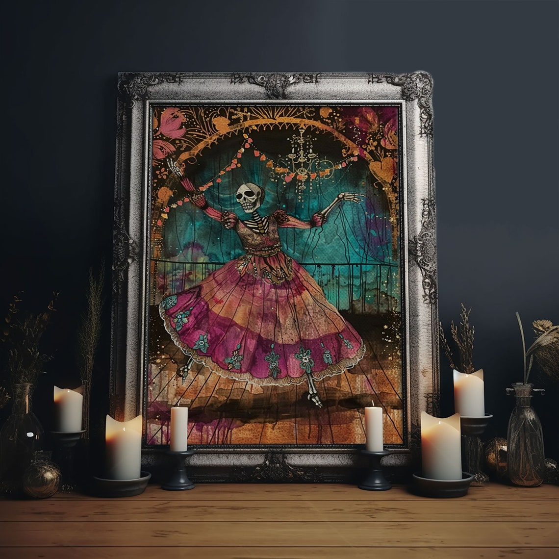 Skeleton Dancer Vibrant Magenta Dress Day Of Dead Art Poster