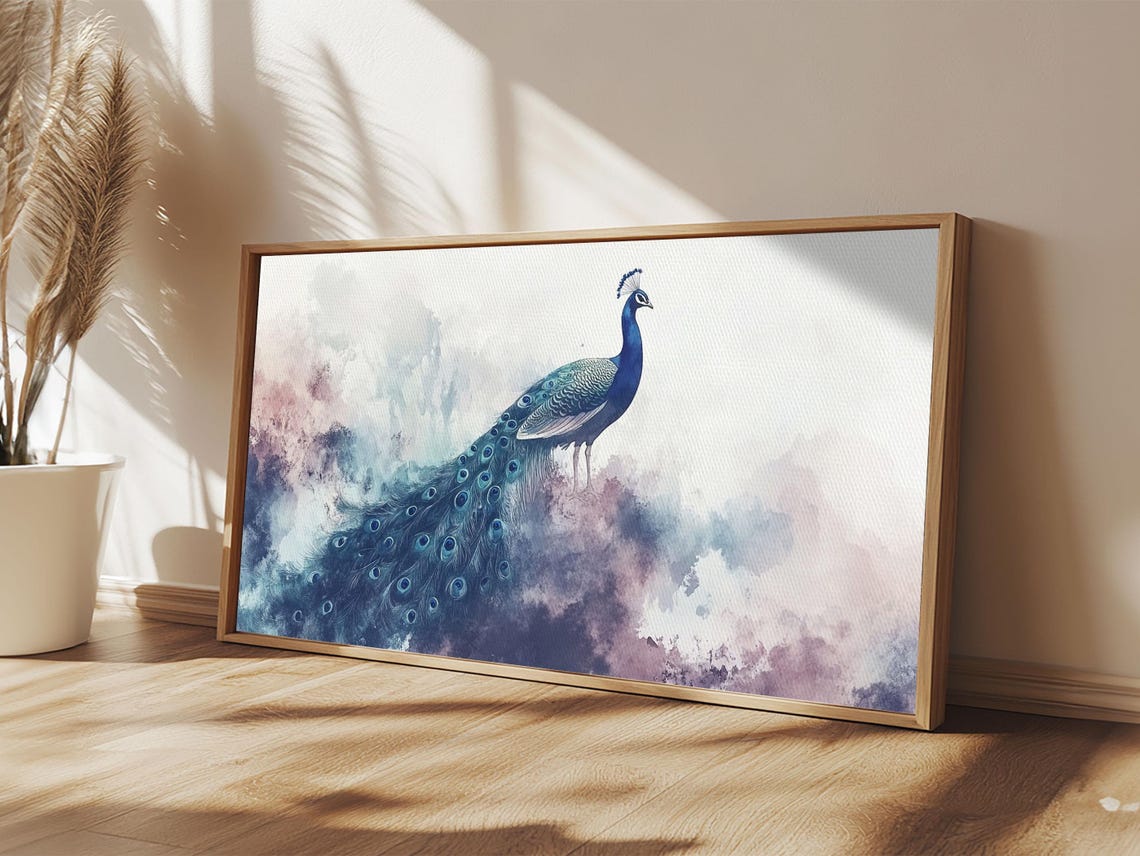 Peacock Watercolor Misty Blue Purple Elegant Wildlife Wall Art Poster - Image 3