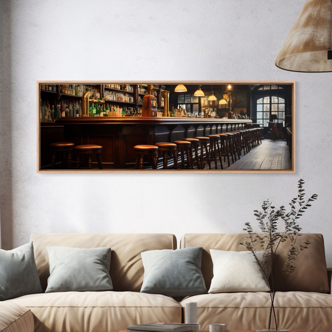 Vintage Pub Bar Interior Wooden Stools Brass Taps Warm Moody Wall Art - Image 4