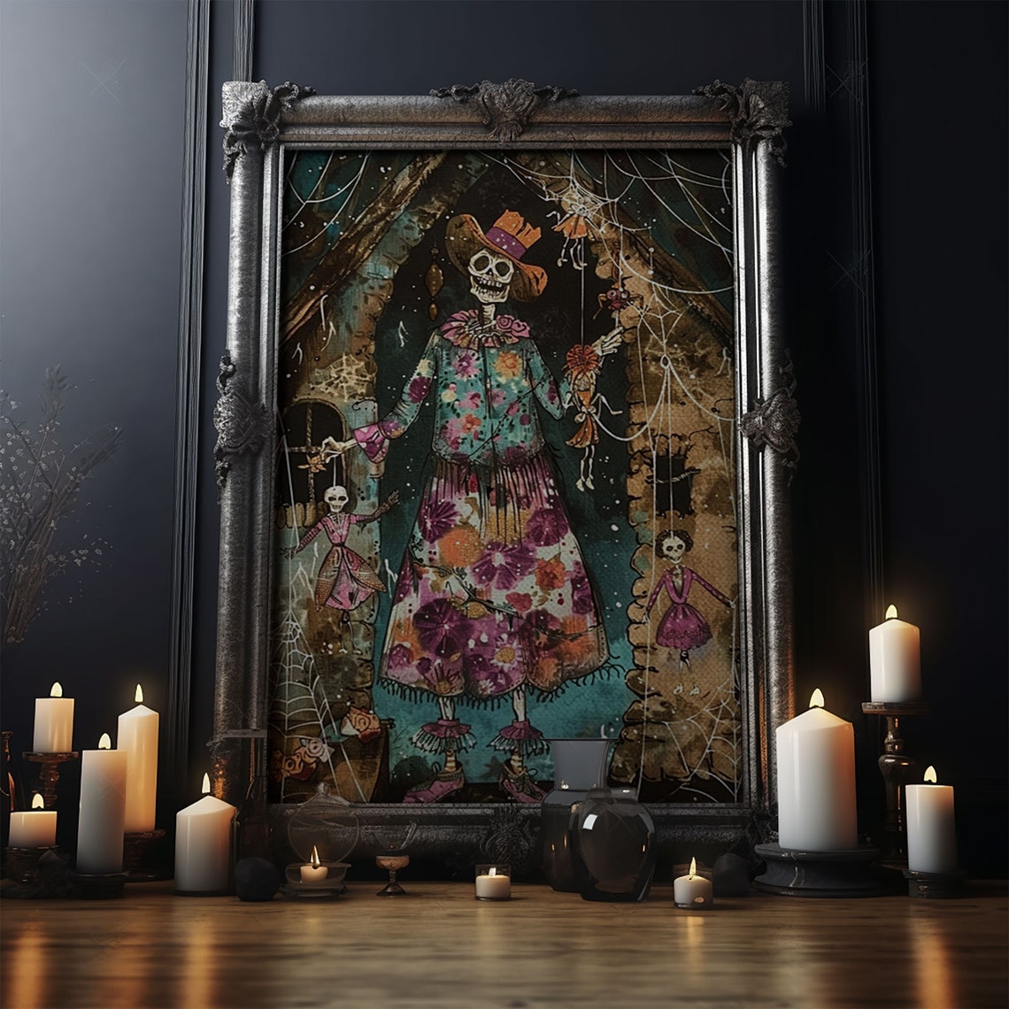Skeleton Floral Dress Spider Webs Hanging Dolls Halloween Art Poster - Image 4
