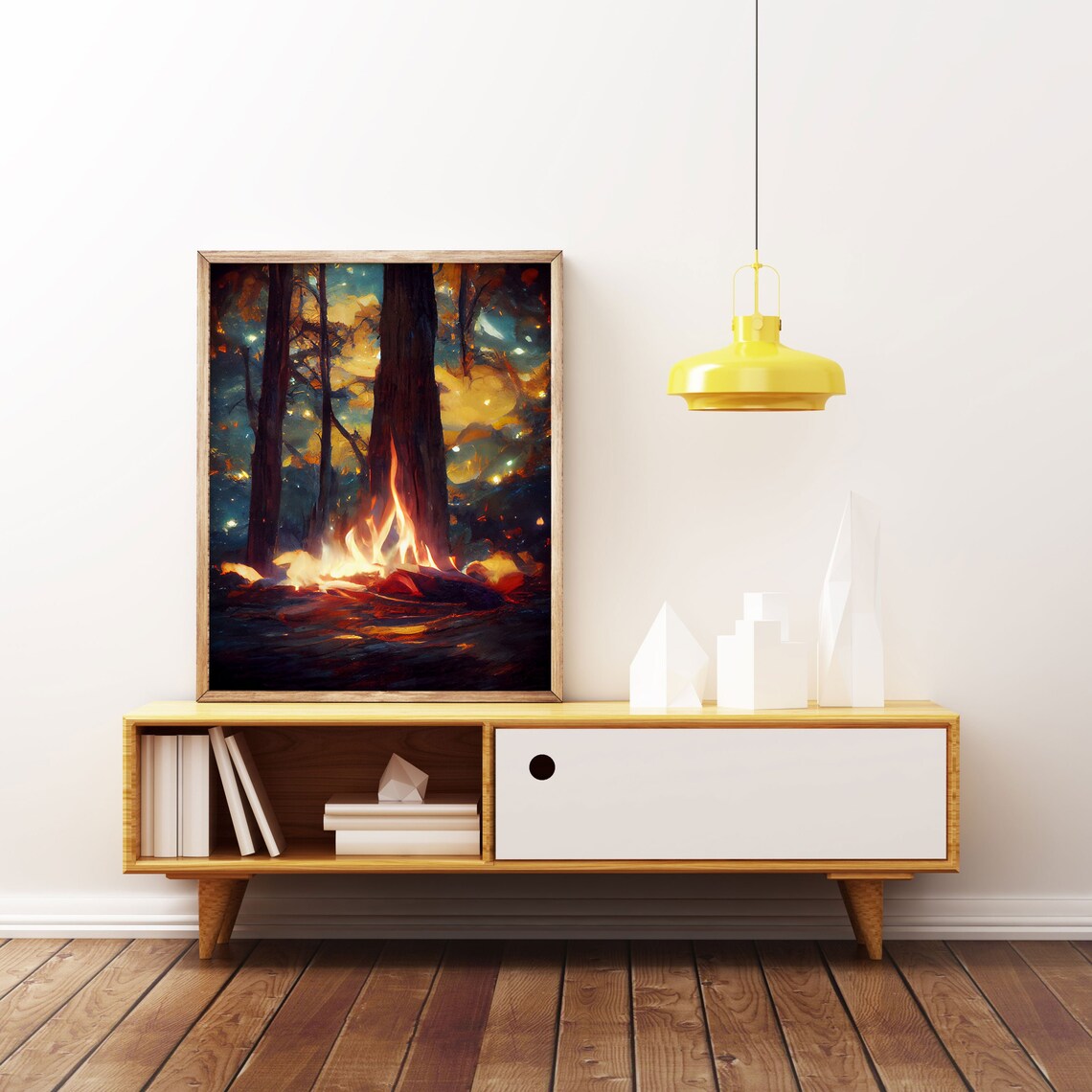 Night Stars Campfire in Woods, Tree Landscape Art Print - Image 3
