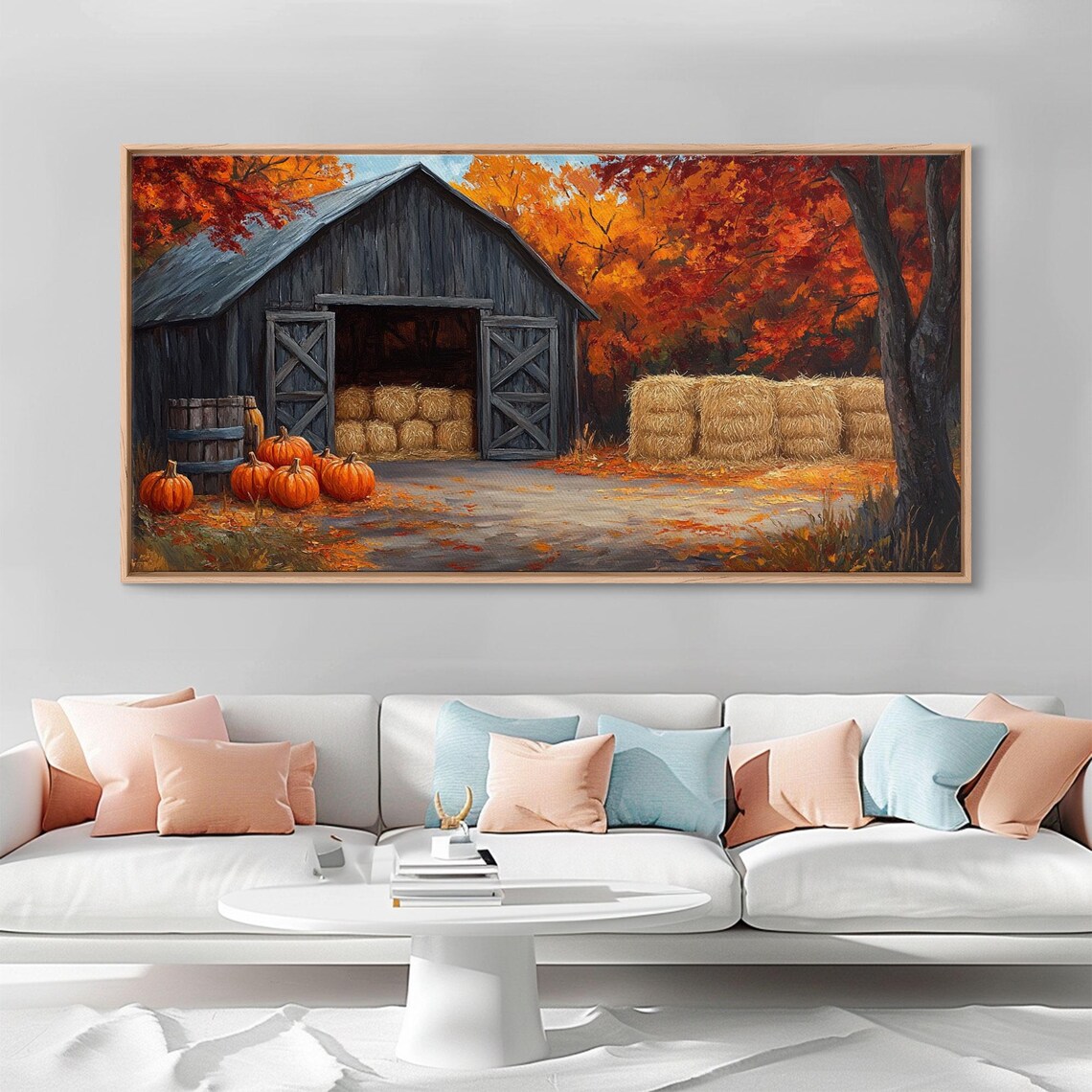Rustic Dark Barn Hay Bales Pumpkins Blazing Red Autumn Trees Harvest Scene Poster - Image 5