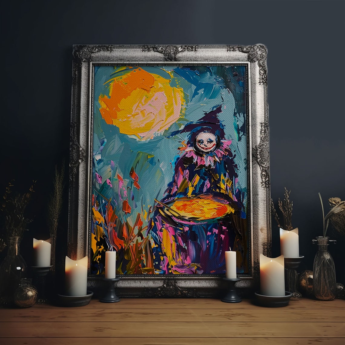 Colorful Witch Mixing Potions Under Moon Whimsical Halloween Art Print
