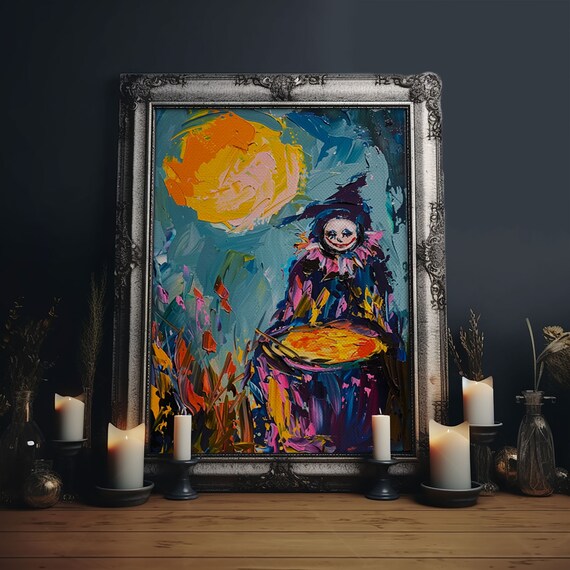 Colorful Witch Mixing Potions Under Moon Whimsical Halloween Art Print