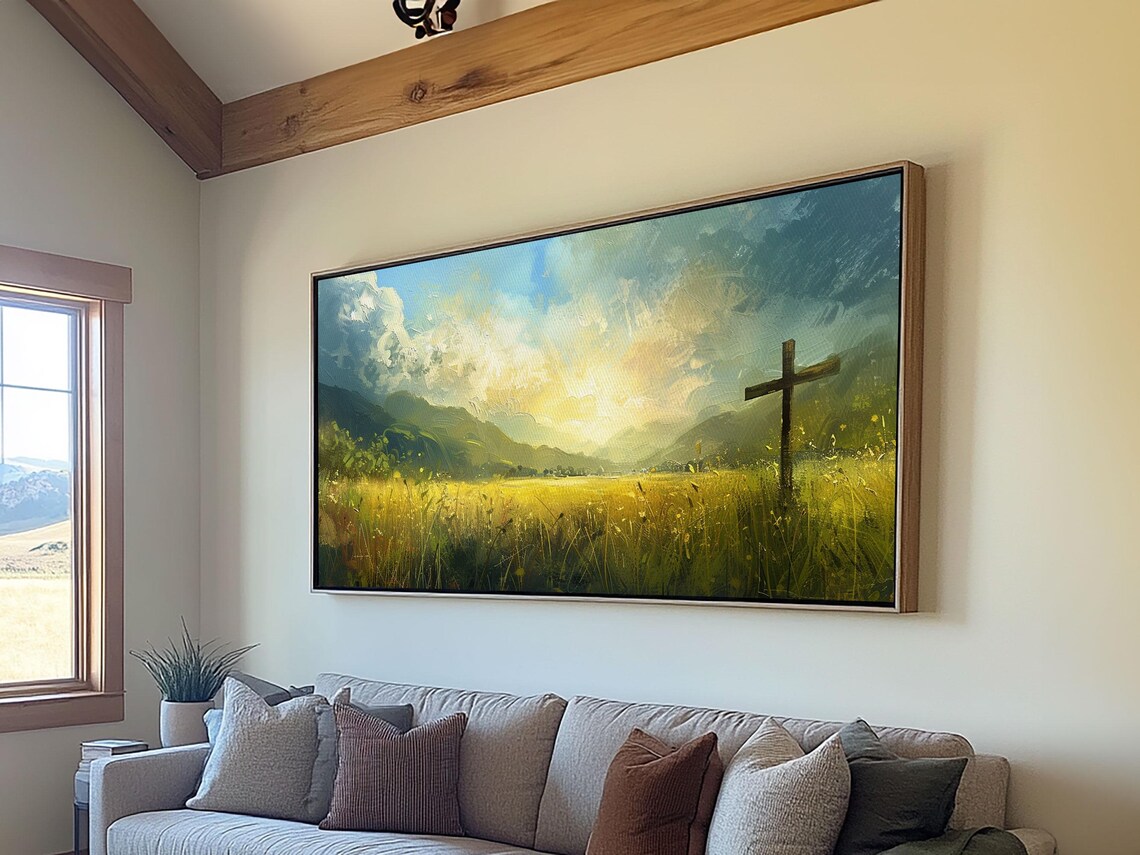 Cross In Golden Field Sunrise Grass Christian Faith Landscape Wall Art Poster - Image 2