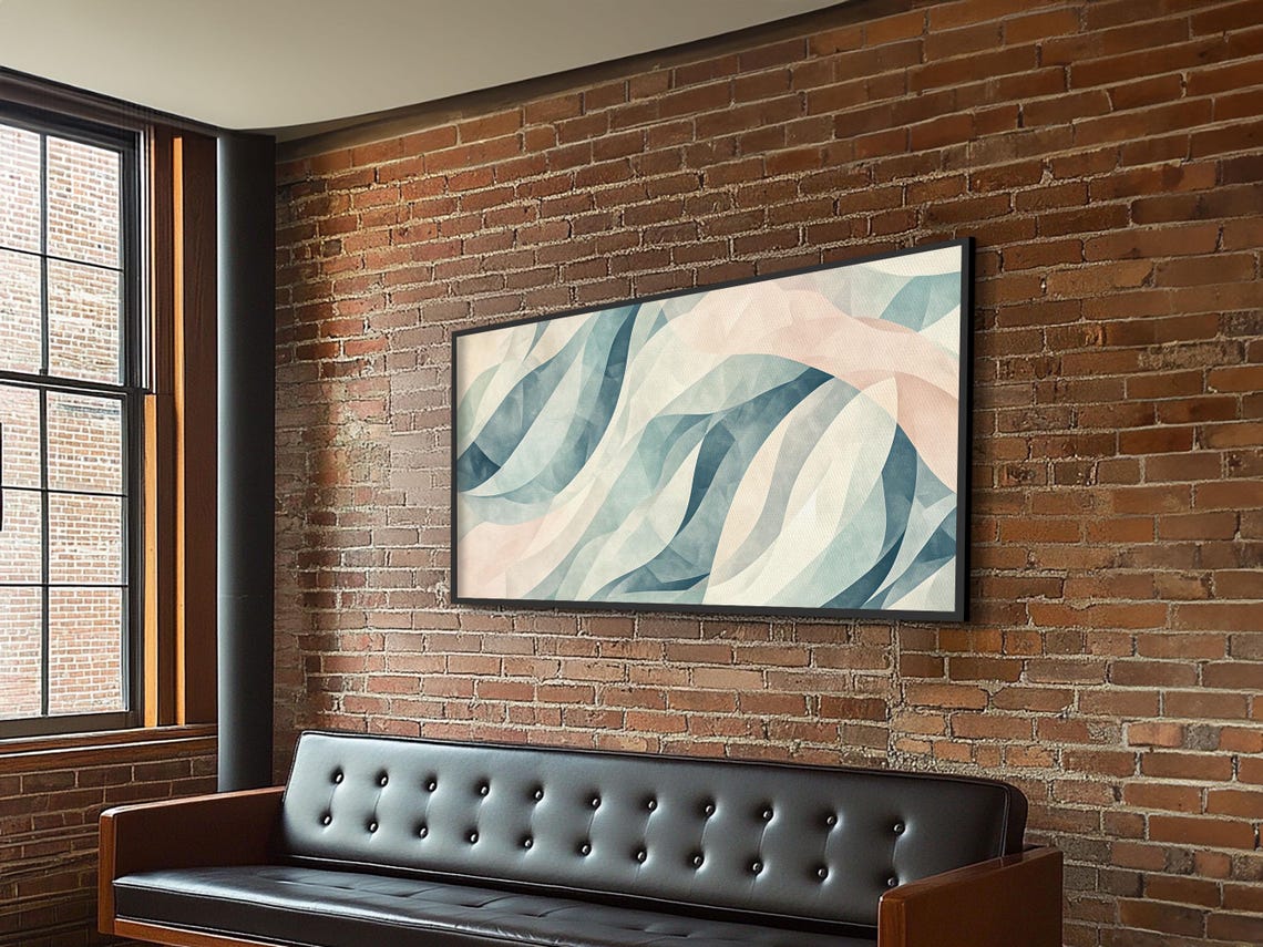 Pastel Blue Pink Abstract Flowing Ribbon Curves Modern Print - Image 3