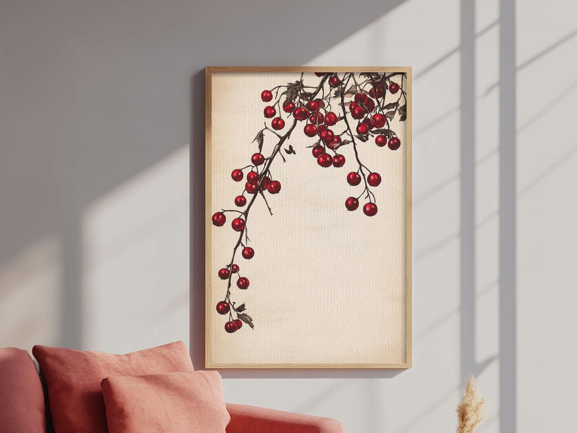 Red Holly Berries Branch Christmas Minimalist Botanical Wall Poster