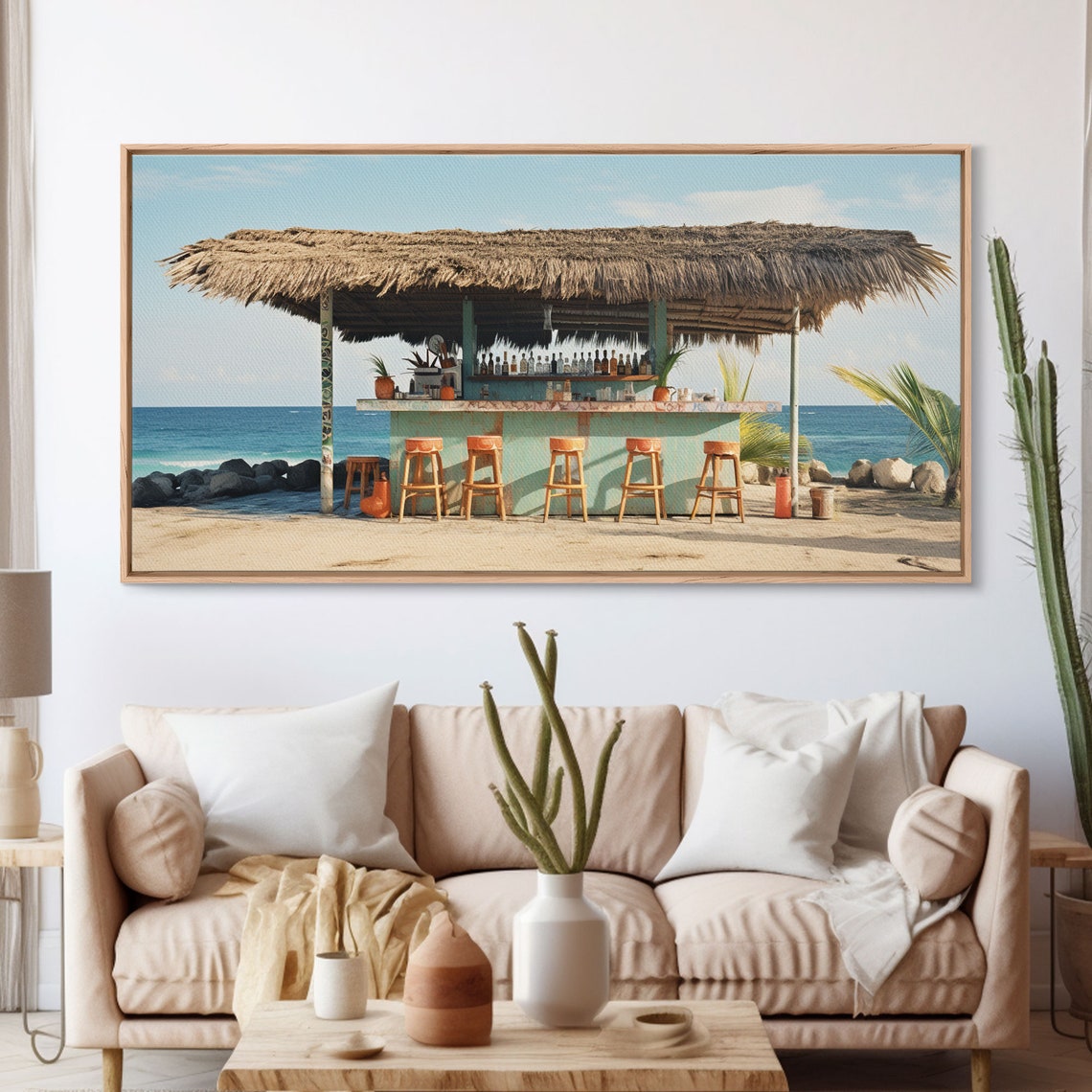 Beachside Tiki Hut Bar Oceanfront Thatched Roof Panoramic Poster - Image 3
