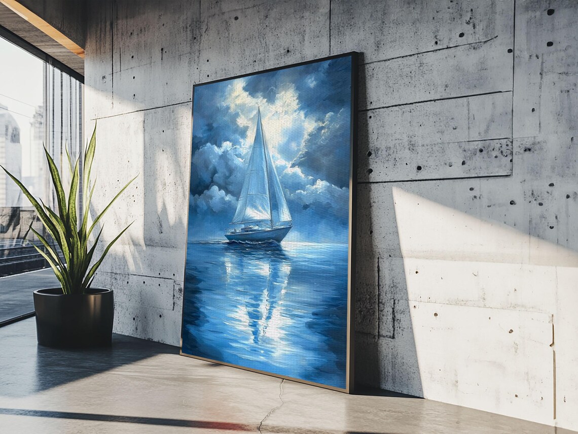 Sailboat Under Full Moon Night Sea Reflection Blue Painting Wall Art Print - Image 4