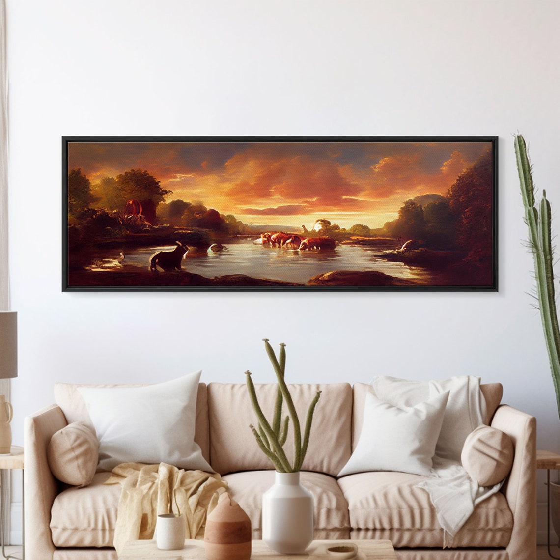 Prehistoric Dinosaur Abstract Landscape Art Ready To Hang Print Panoramic Art Dinosaurs At Sunset