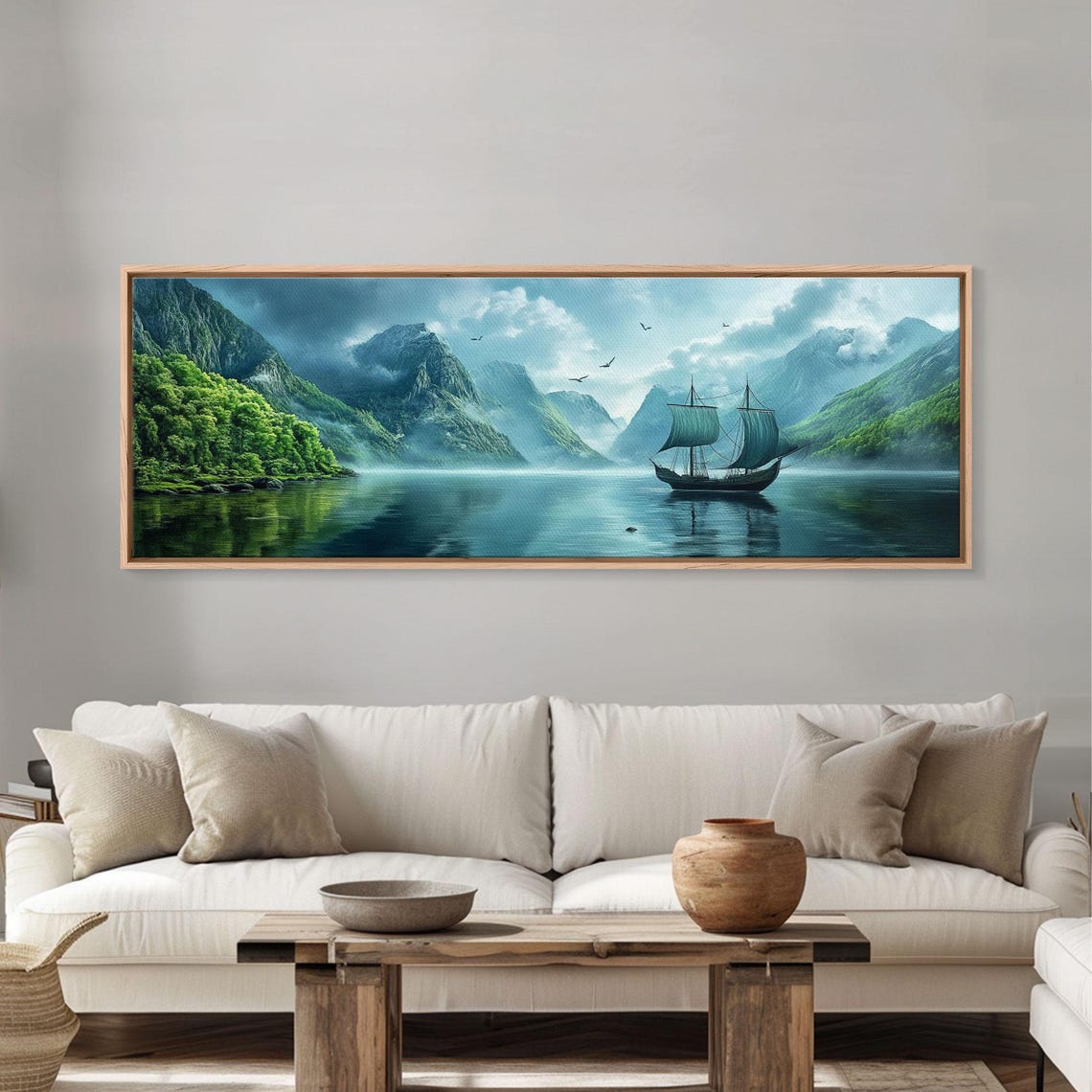 Misty Mountain Fjord Sailing Ship Fantasy Bay Oil Painting Poster - Image 3