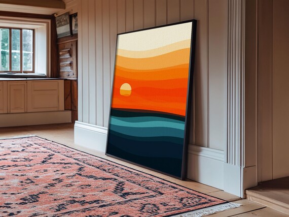 Art Deco Ocean Sunset Orange Sun Teal Waves Gradient Minimalist Art Print