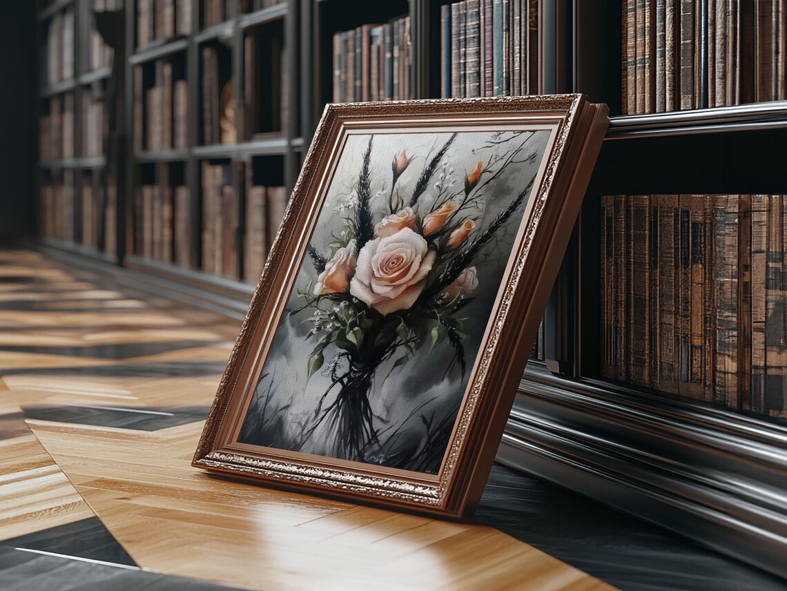 Moody Dark Cottagecore Bouquet Pale Roses Dramatic Floral Wall Art - Image 6