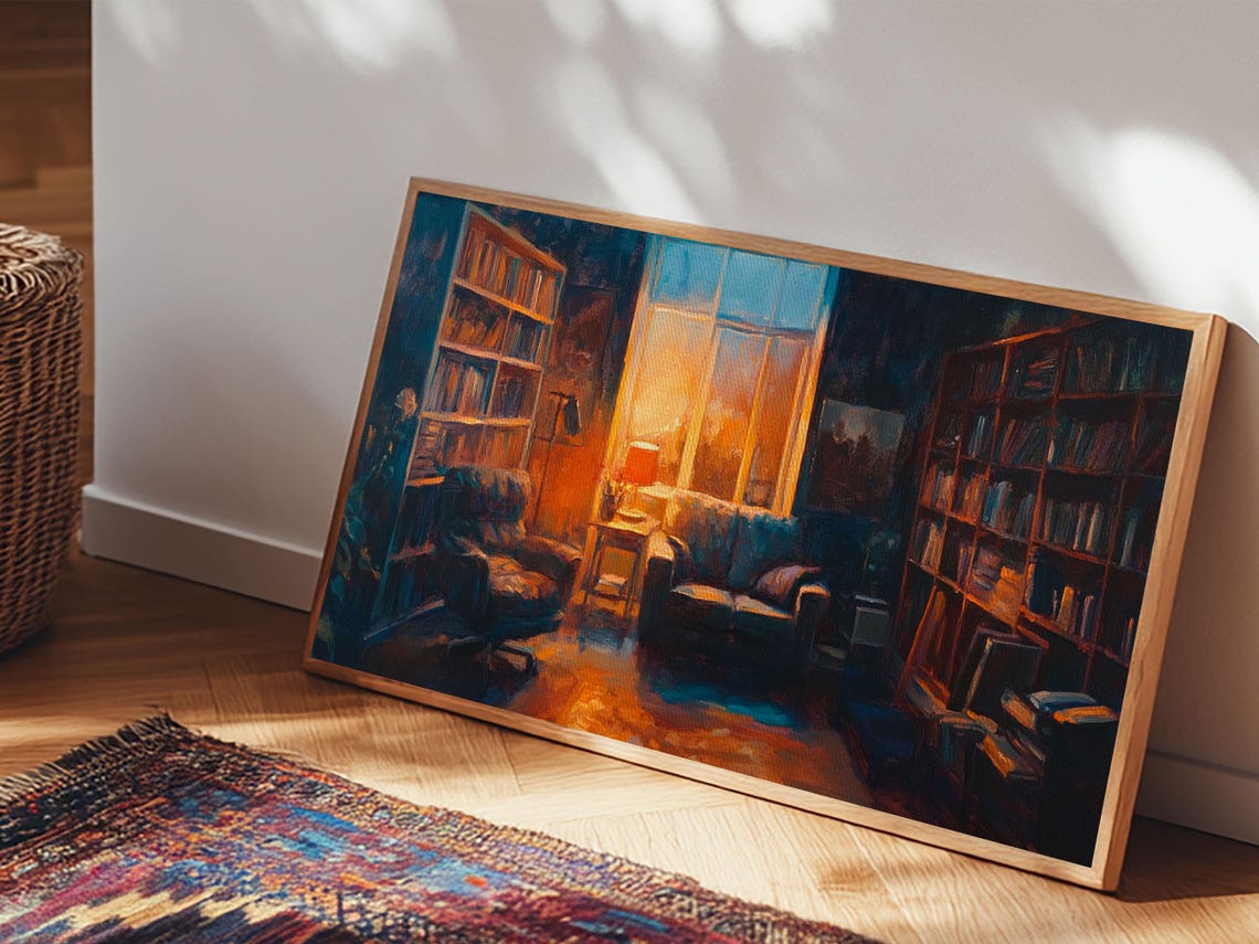 Cozy Library Interior Bookshelves Armchair Warm Light Study Art Poster - Image 4