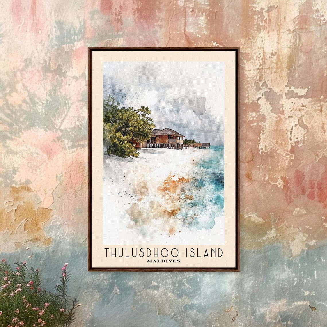 Thulusdhoo Island Maldives Overwater Bungalow Beach Watercolor Poster - Image 4