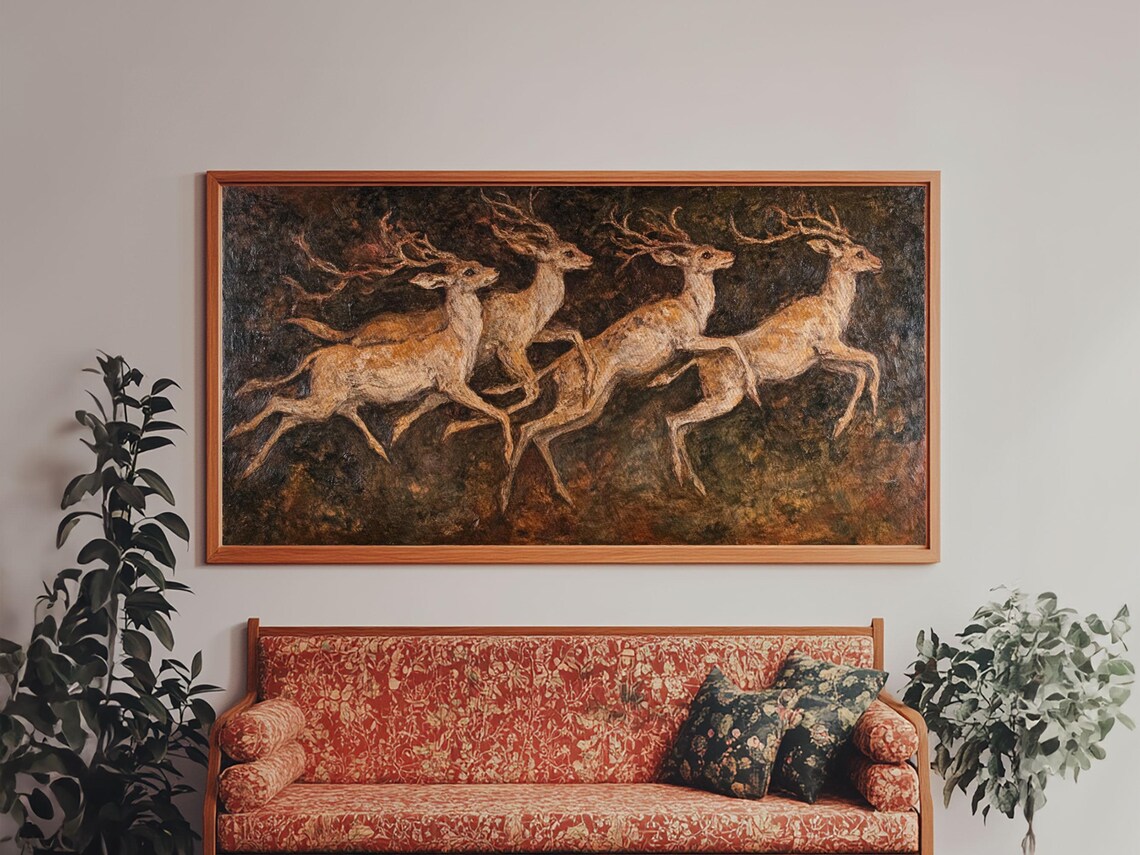 Leaping Stags Forest Herd 19th Century Folk Art Oil Painting Wall Poster - Image 2