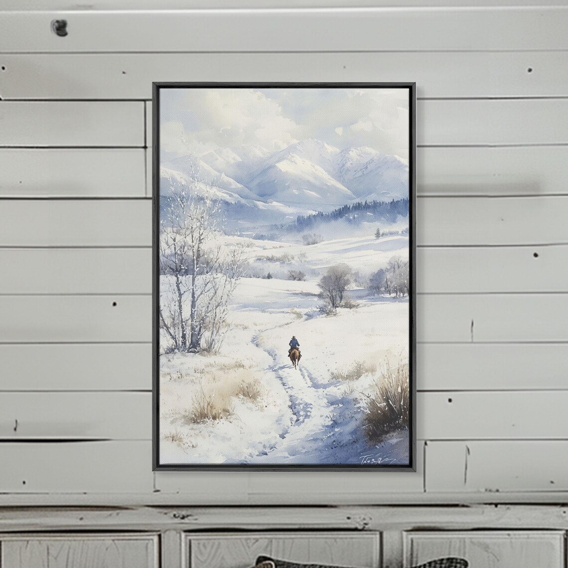 Western Rider In Snow Horseback Mountain Winter Watercolor Wall Art - Image 3