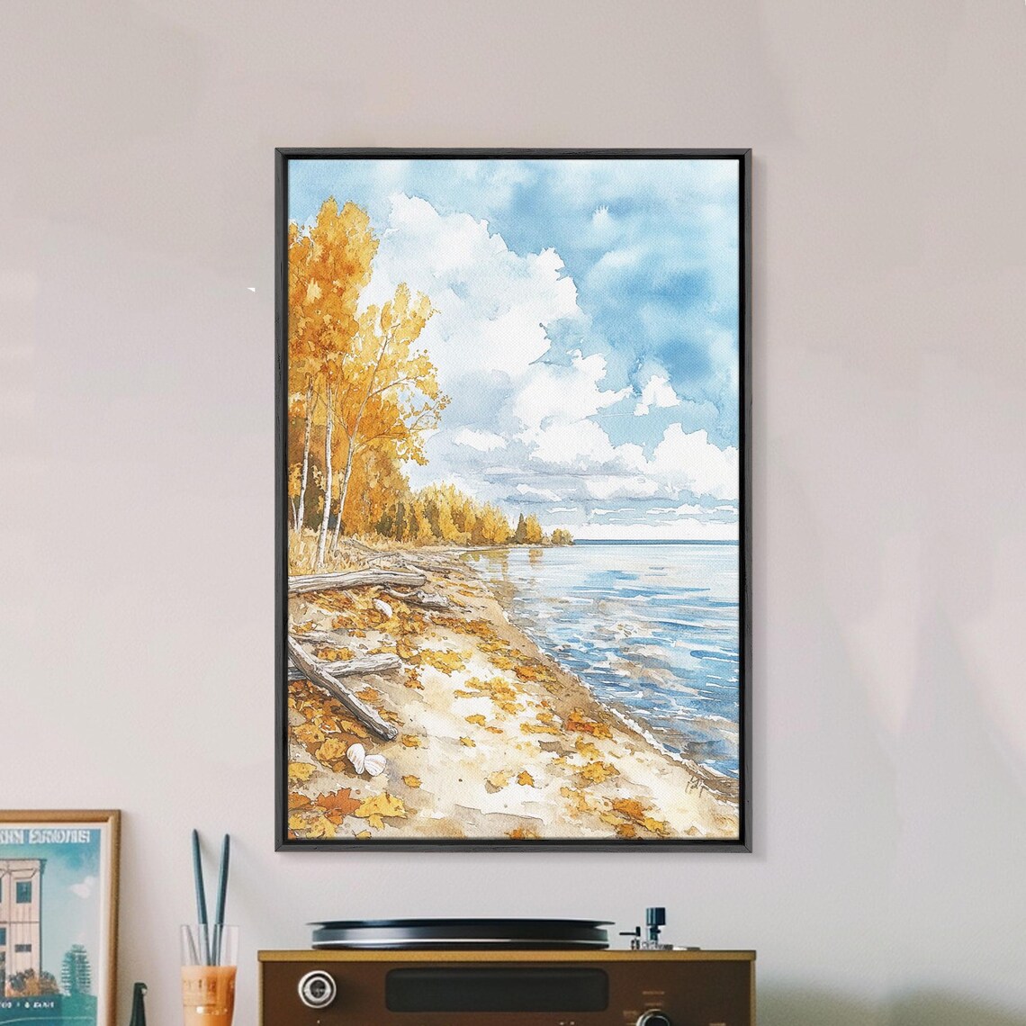 Autumn Lakeshore With Golden Birch Trees And Fallen Leaves Poster