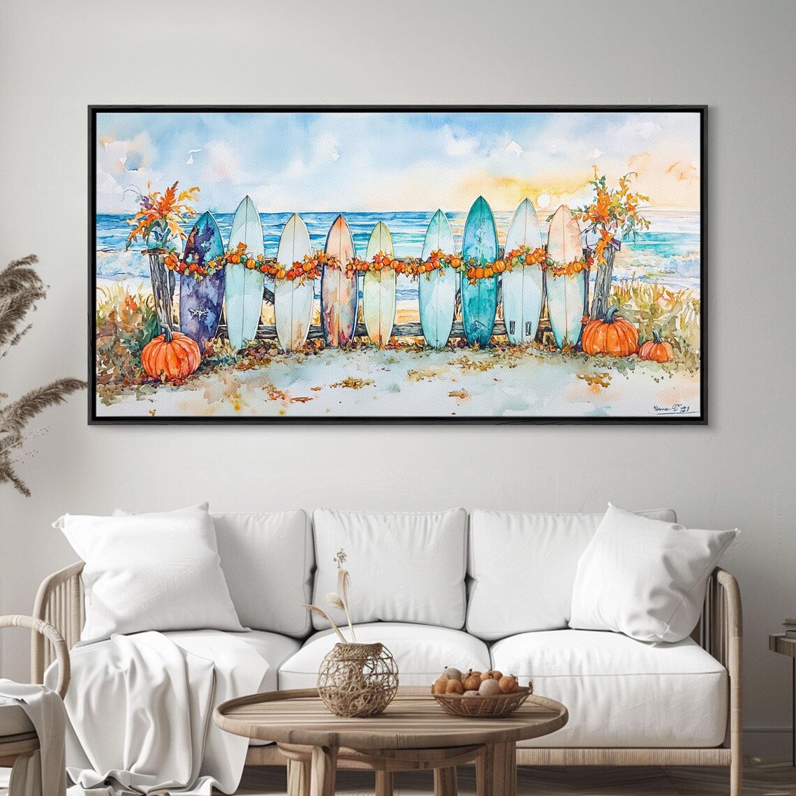 Colorful Surfboards With Pumpkin Garland Beach Fall Art Print - Image 5