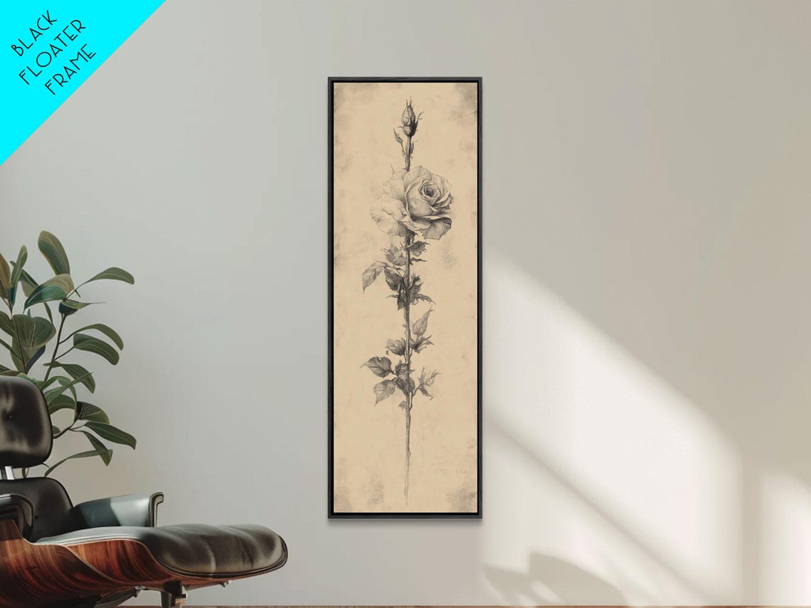 Black And White Rose Sketch Aged Background Botanical Wall Art - Image 5