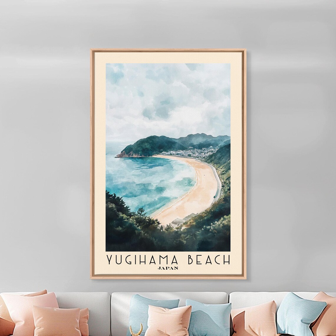 Yugihama Beach Japan Watercolor Curved Bay Green Hills Travel Poster - Image 2