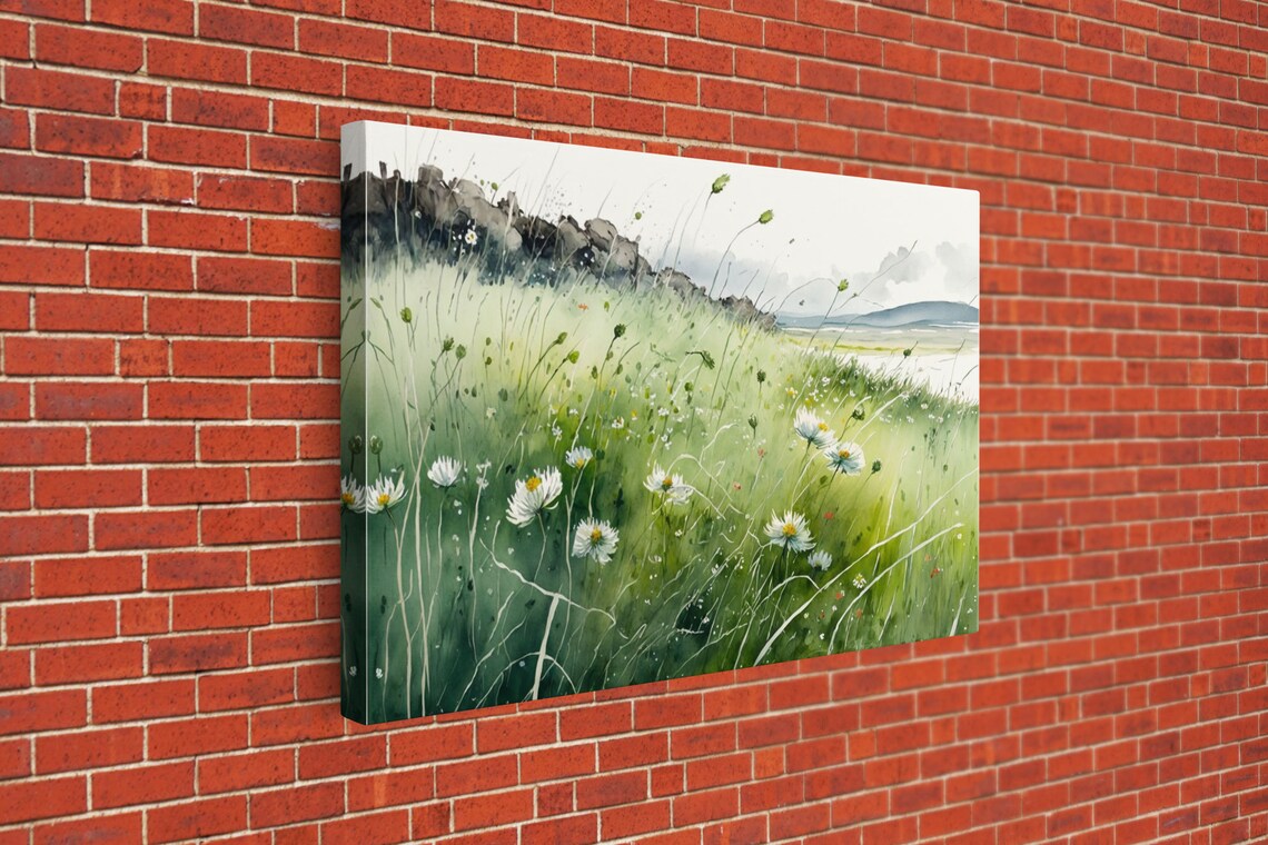 White Daisies Watercolor Hillside Green Meadow Coastal View Art Poster - Image 3