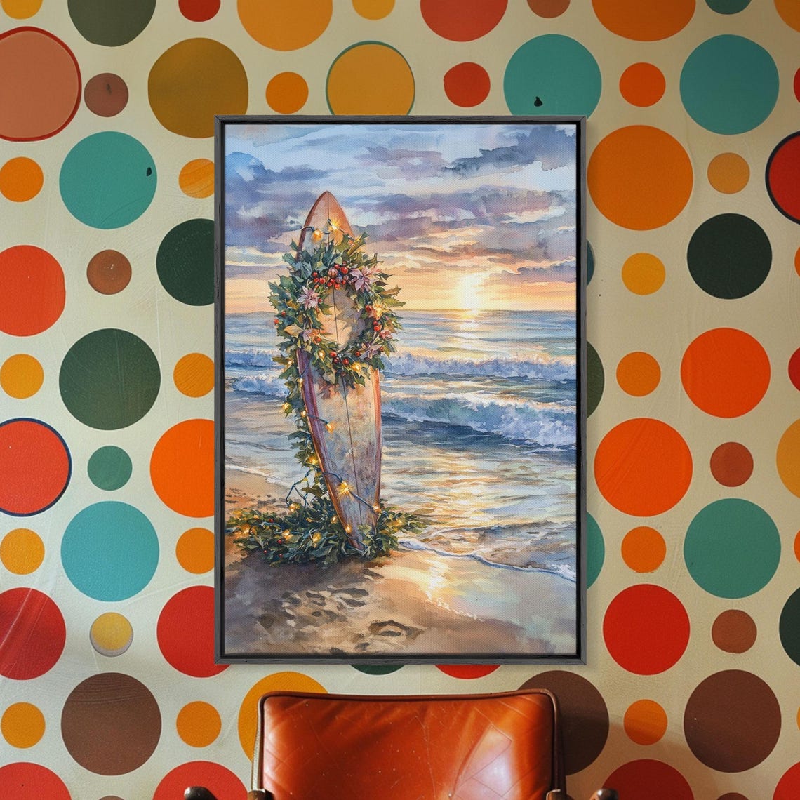 Christmas Surfboard Decorated With Garland On Beach Sunset Poster