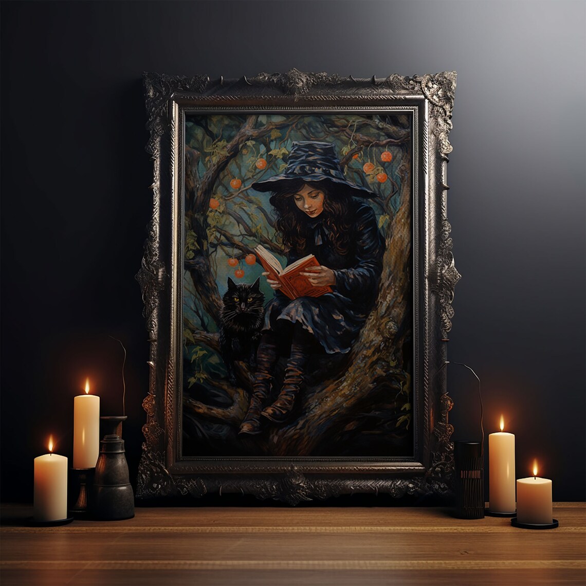 Witch Reading Spell Book In Tree With Black Cat Vintage Halloween Print - Image 3