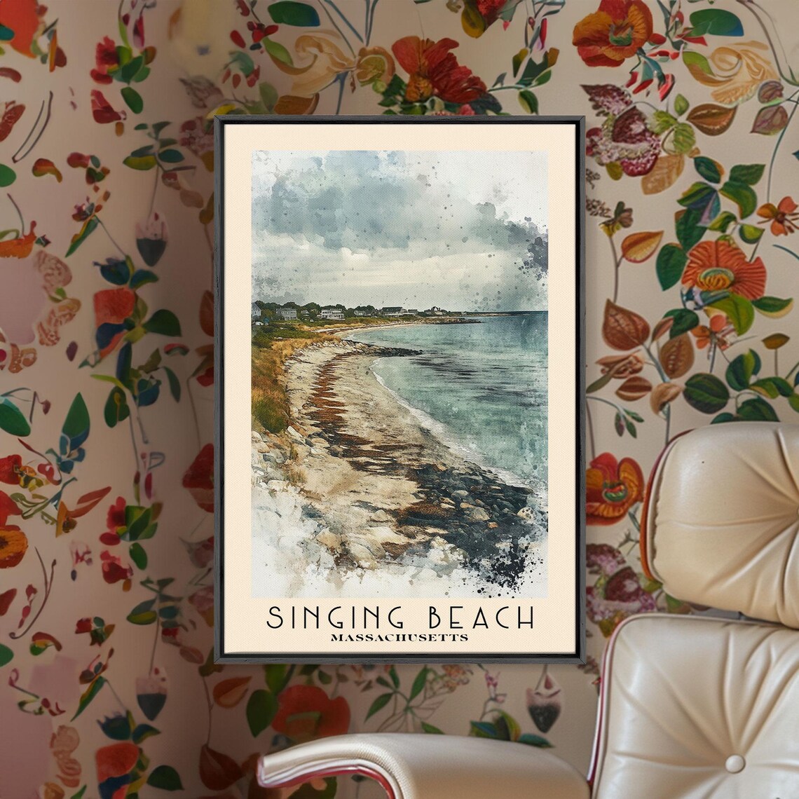 Singing Beach Massachusetts Rocky Shore Curving Cove Distant Houses Poster