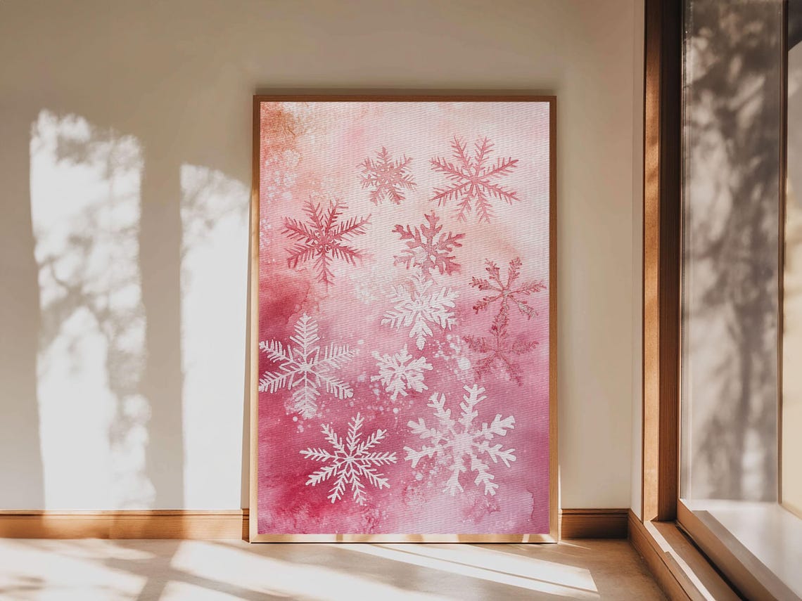 Pink Snowflakes Watercolor Winter Christmas Holiday Art Print - Image 6