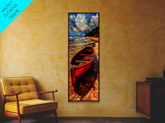 Stylized Red Boat On Tropical Beach Framed Print Midcentury Modern Wall Art Skinny Art Tall Art Living Room Decor