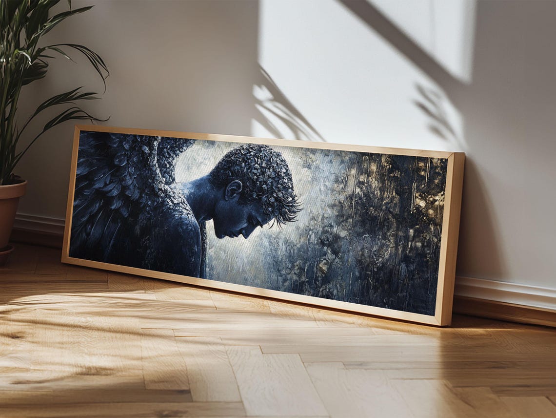 Serene Dark Angel Bowed Head Panoramic Moody Winged Figure Art Poster - Image 5