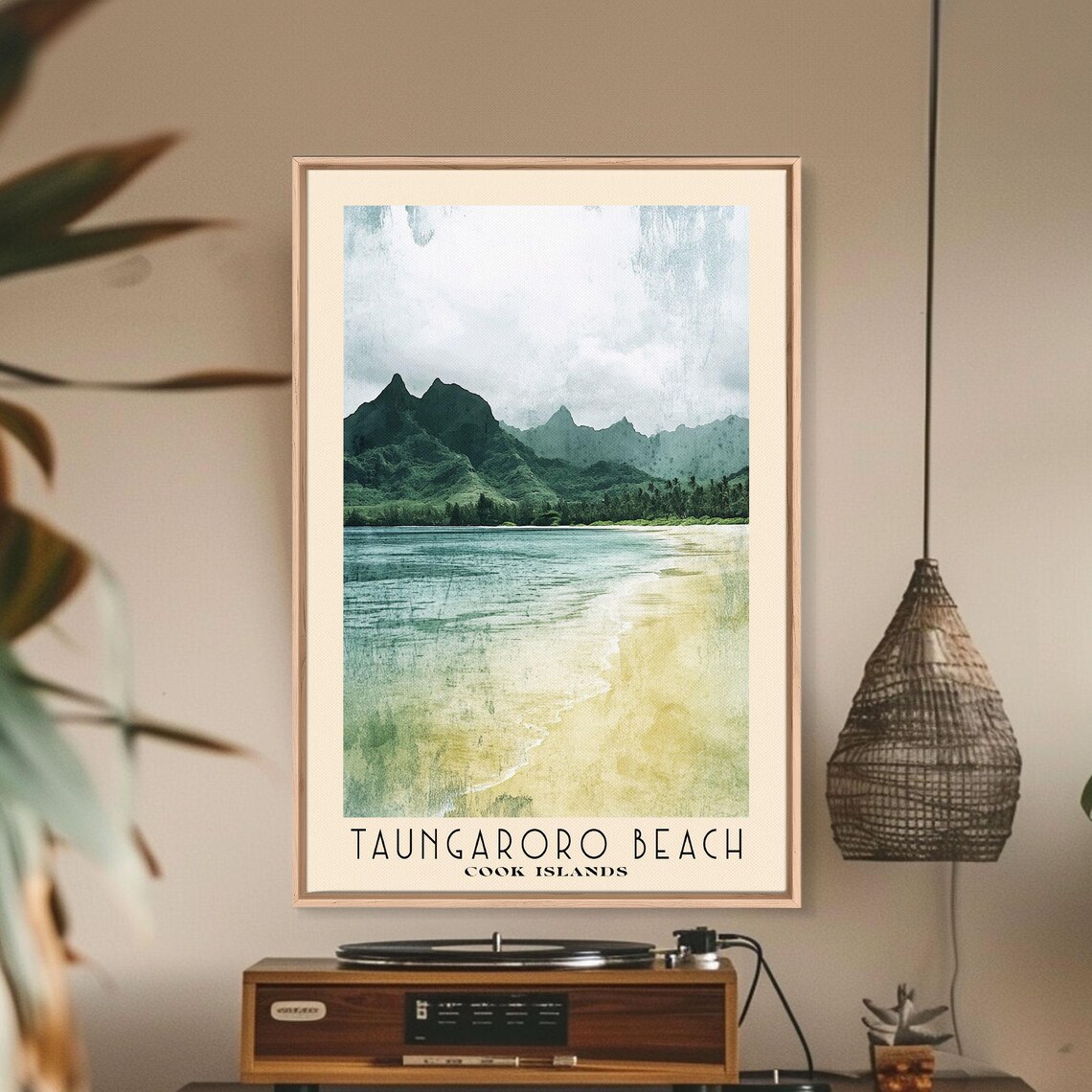 Taungaroro Beach Cook Islands Green Peaks Pale Lagoon Shore Poster - Image 3