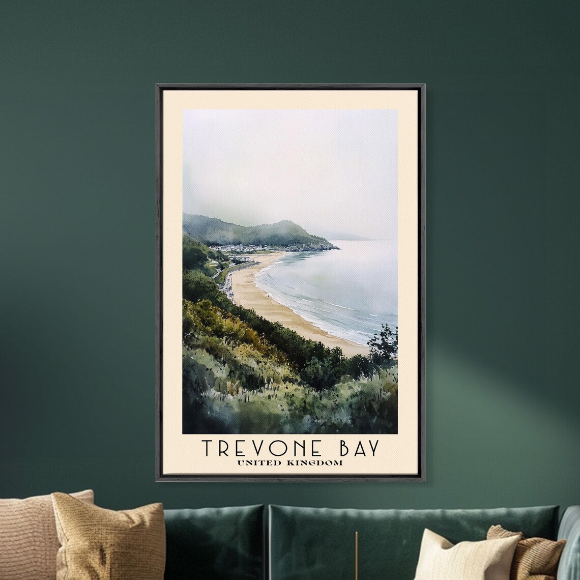Trevone Bay United Kingdom Misty Sandy Bay Green Cliffs Coastal Poster