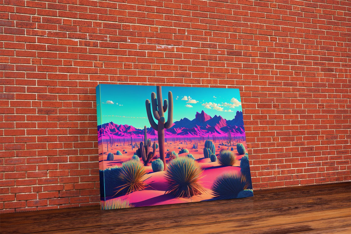 Synthwave Cactus Desert Neon Pink Mountains Saguaro Retro Art Poster