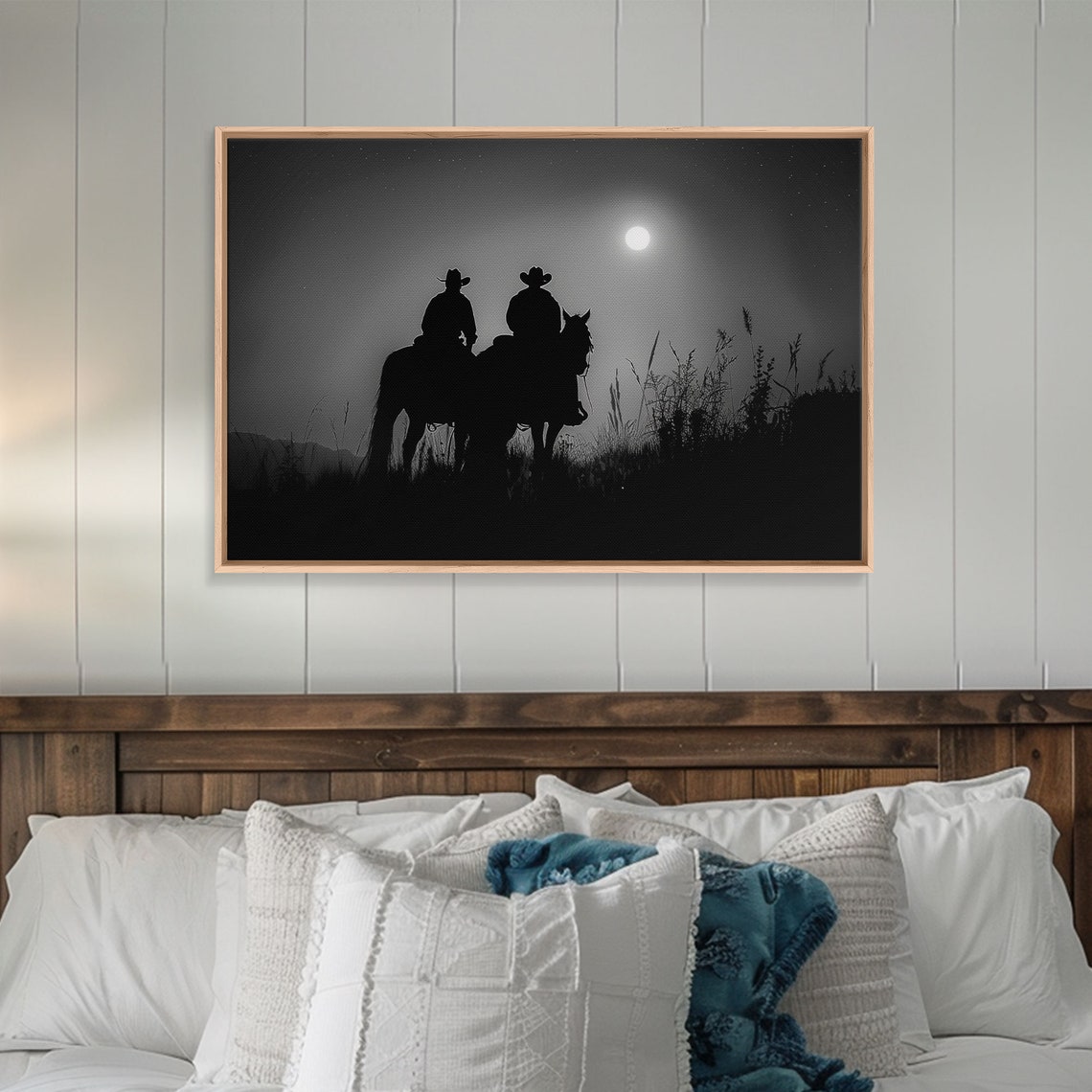 Two Cowboys Silhouette Full Moon Night Black White Western Poster - Image 5