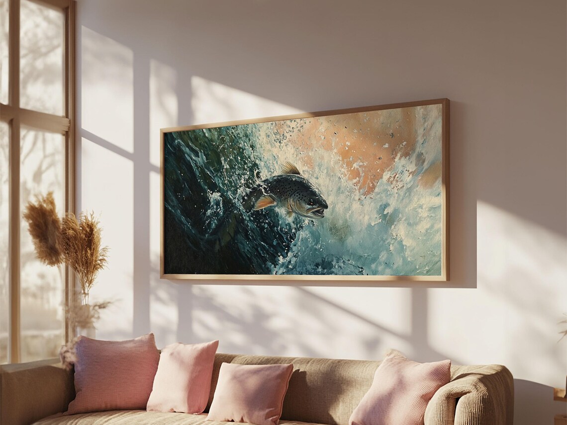 Leaping Trout Splash River Water Oil Painting Fisherman Wall Poster - Image 5