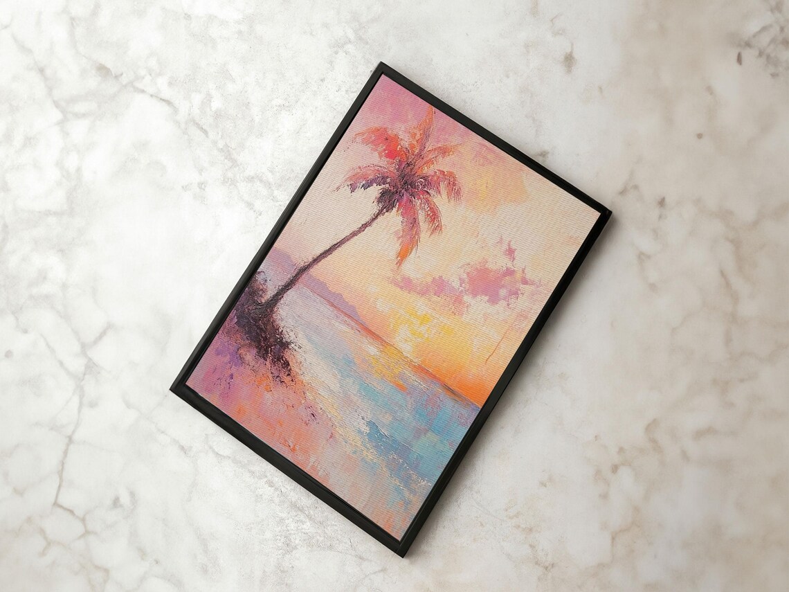 Beach Sunset Palm Tree Pastel Seascape Ocean Waves Coastal Oil Wall Art - Image 6