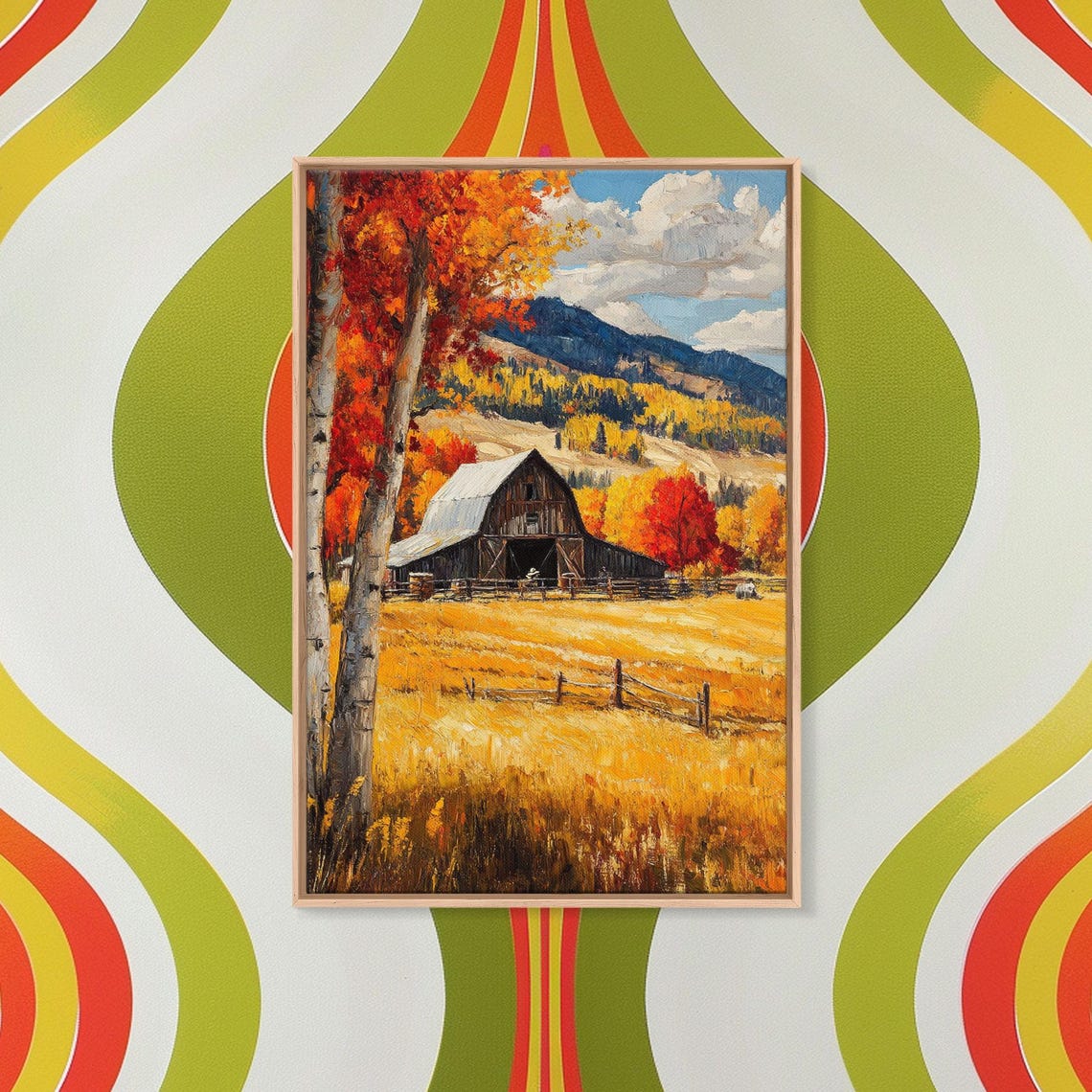 Countryside Barn In Autumn With Birch Trees Mountain Scene Poster - Image 2