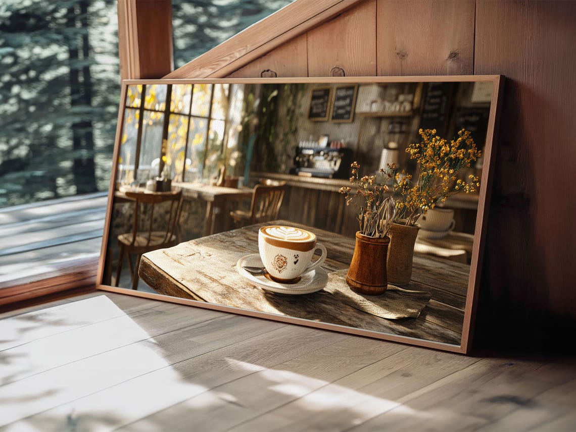Cozy Coffee Shop Latte Cup Rustic Wooden Table Cafe Wall Art Poster - Image 3